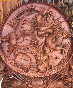 Đĩa tứ linh đục kênh bong gỗ hương liền tấm 76x60x5.5cm